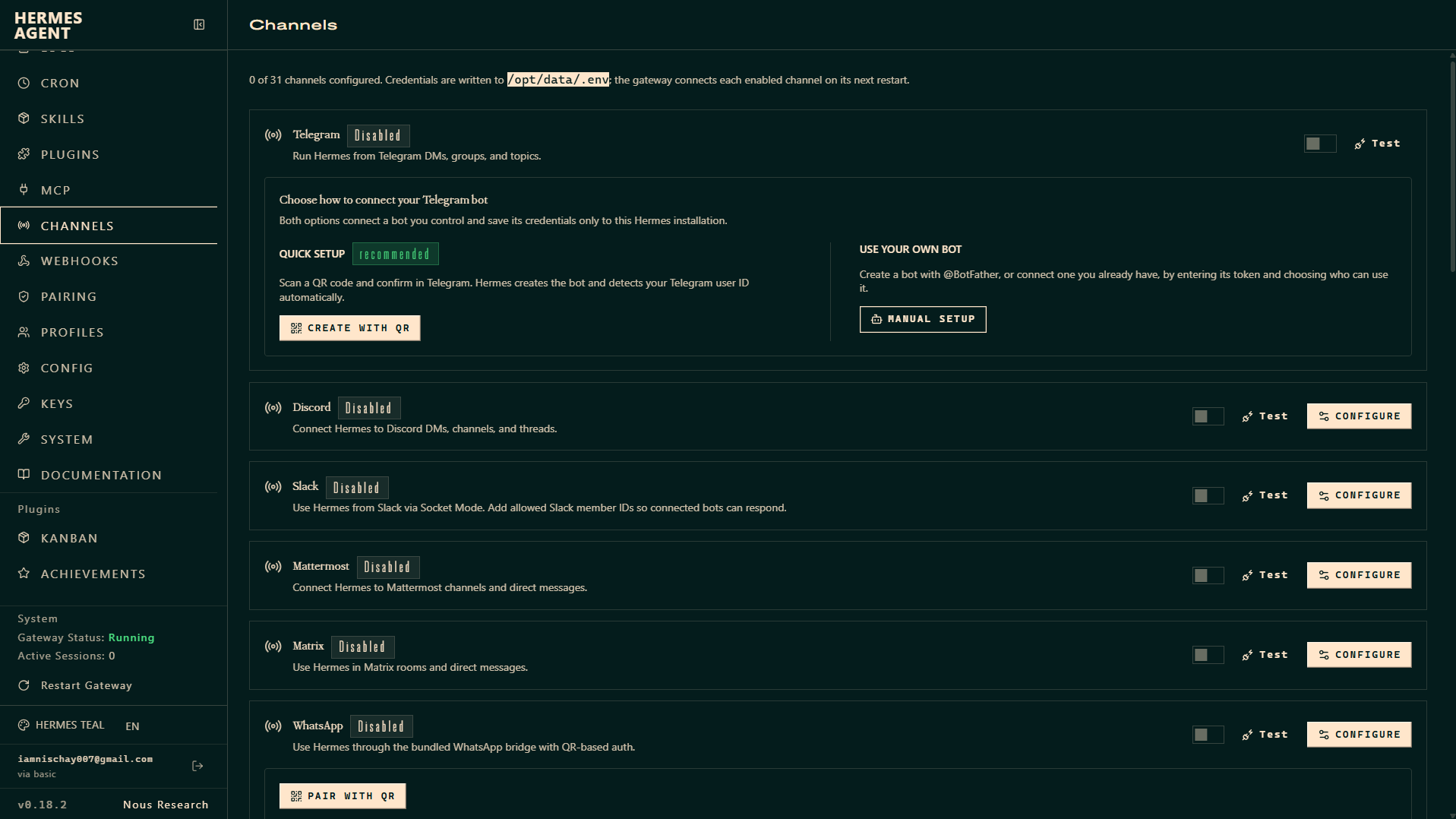 The Hermes dashboard navigation menu and gateway status
