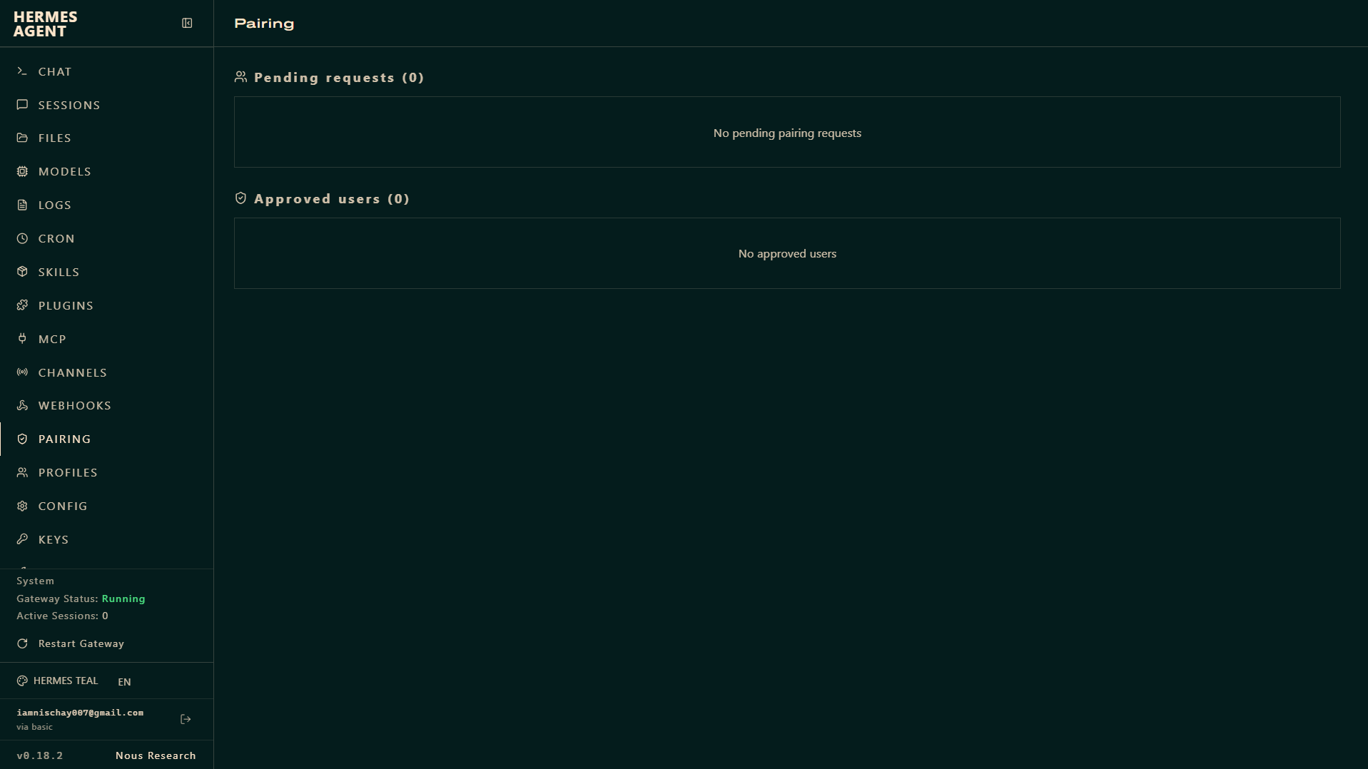 The Hermes dashboard Pairing screen