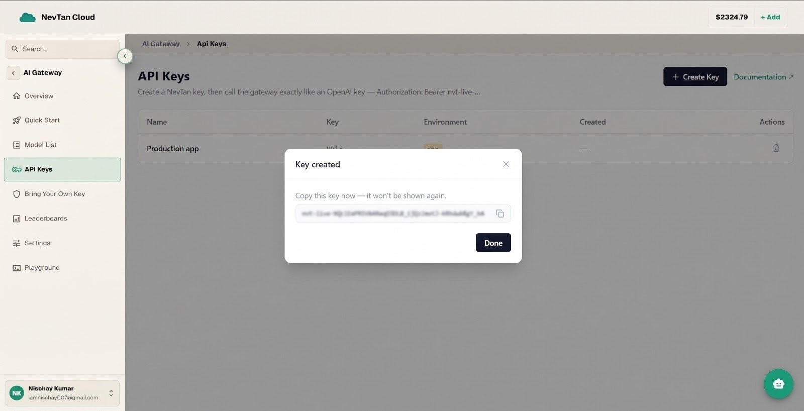 The Key created dialog showing the full key once with a copy button