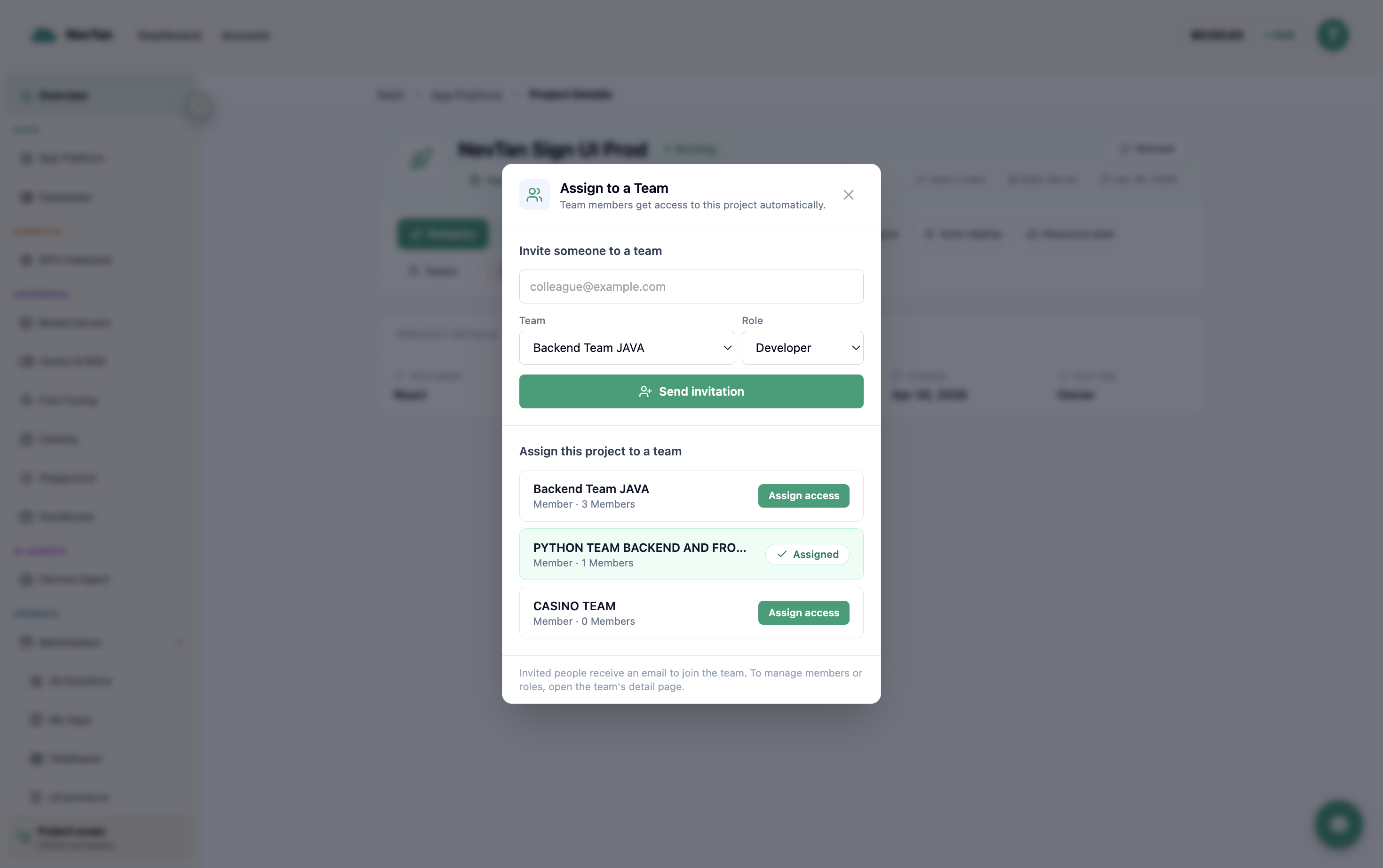 Assign to a Team modal with an invite field and a list of teams with Assign access buttons