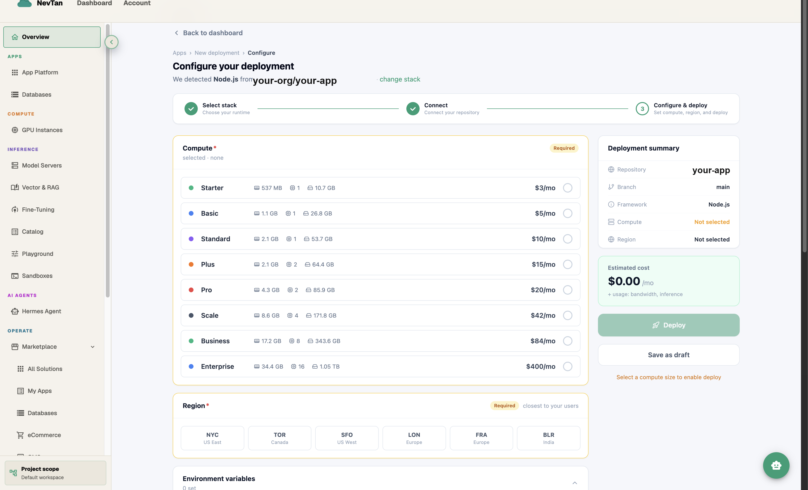 Configure your deployment screen with compute tier and region options