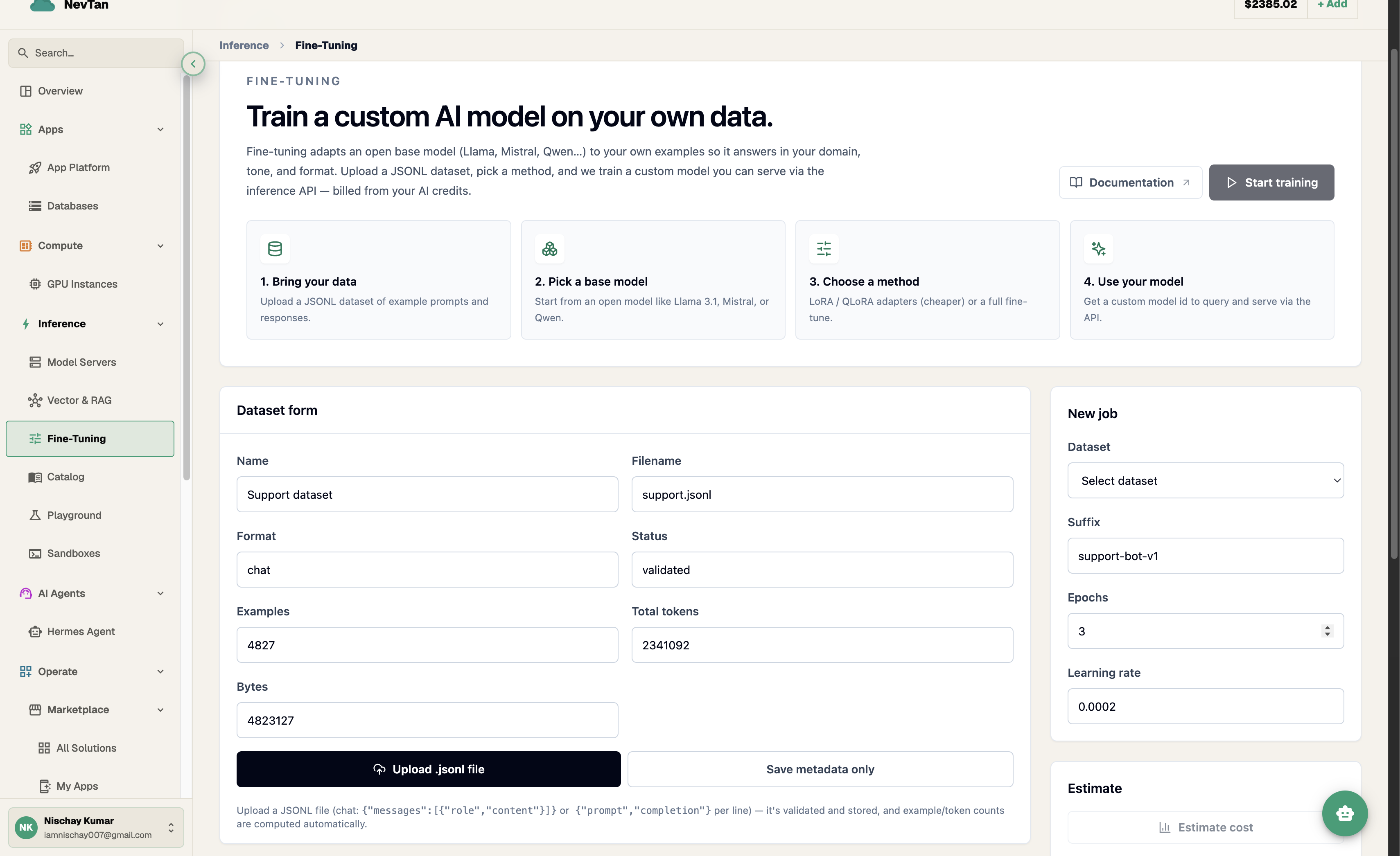 Fine-Tuning screen showing a dataset form and a New Job panel with dataset, suffix, epochs, and learning rate