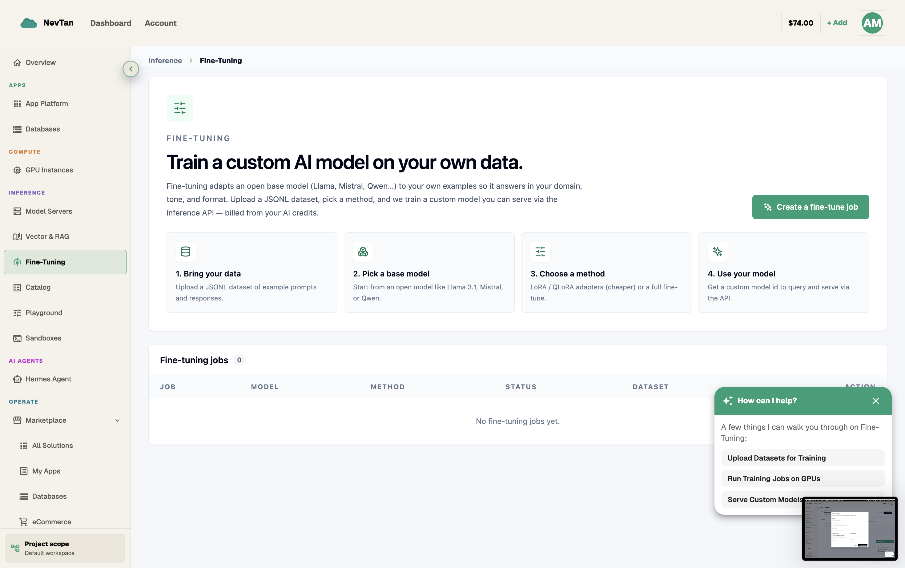 The Fine-Tuning dashboard showing the four-step flow — bring data, pick a base model, choose a method, use your model — above an empty jobs list