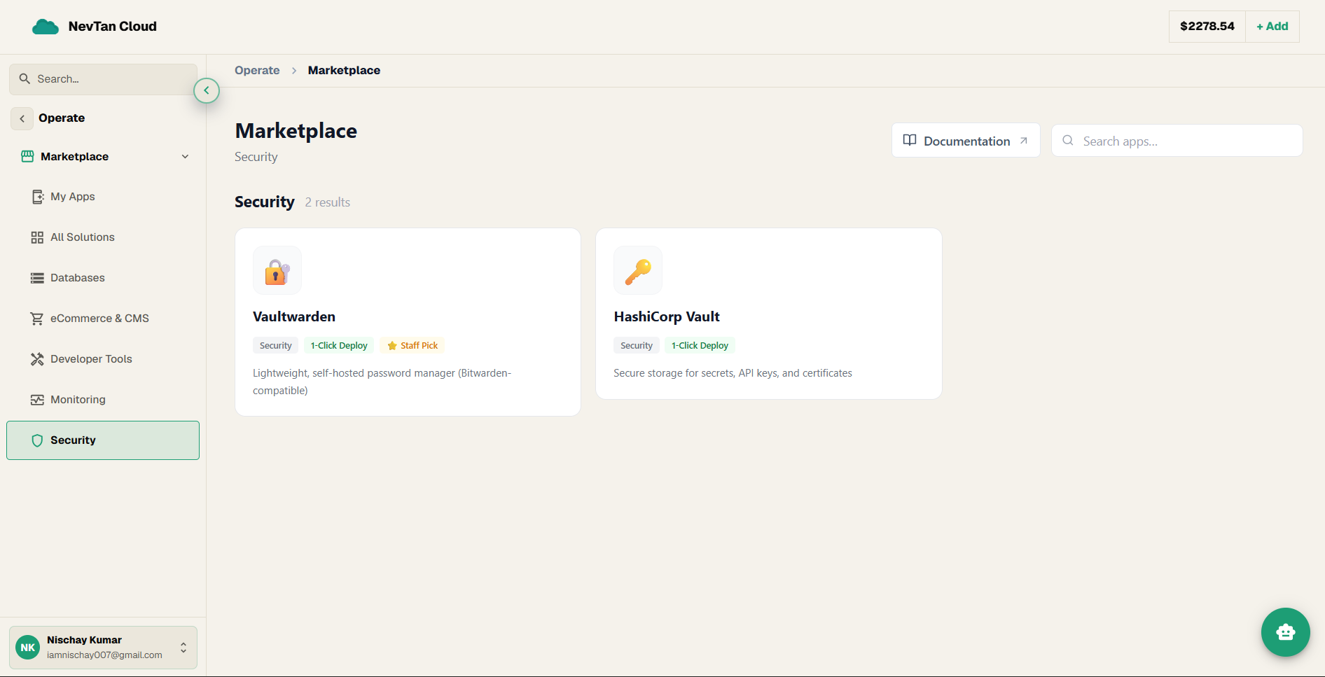 Marketplace catalog filtered to the Security category