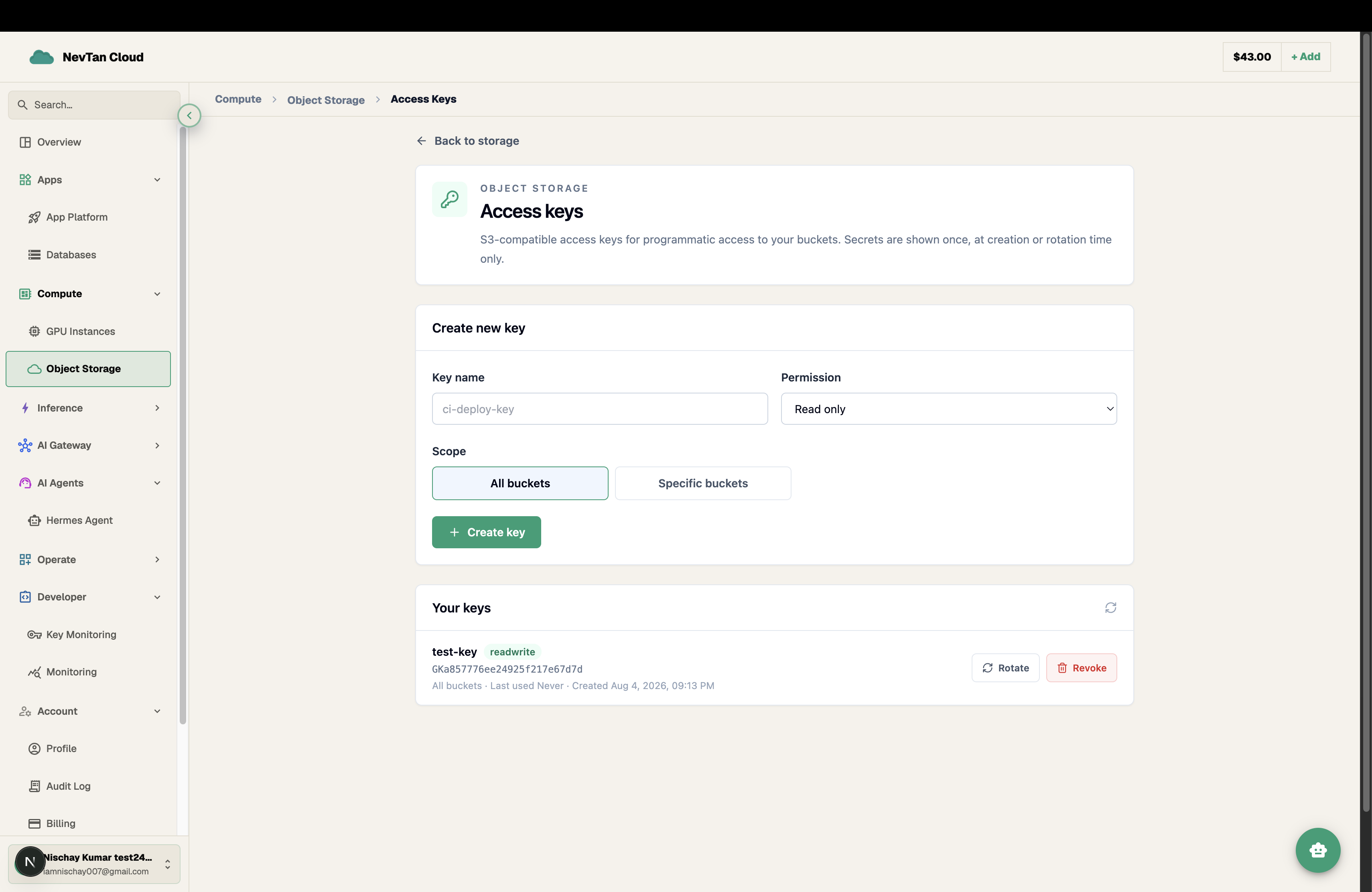 Access keys page with a Create new key form and a list of existing keys showing permission and scope