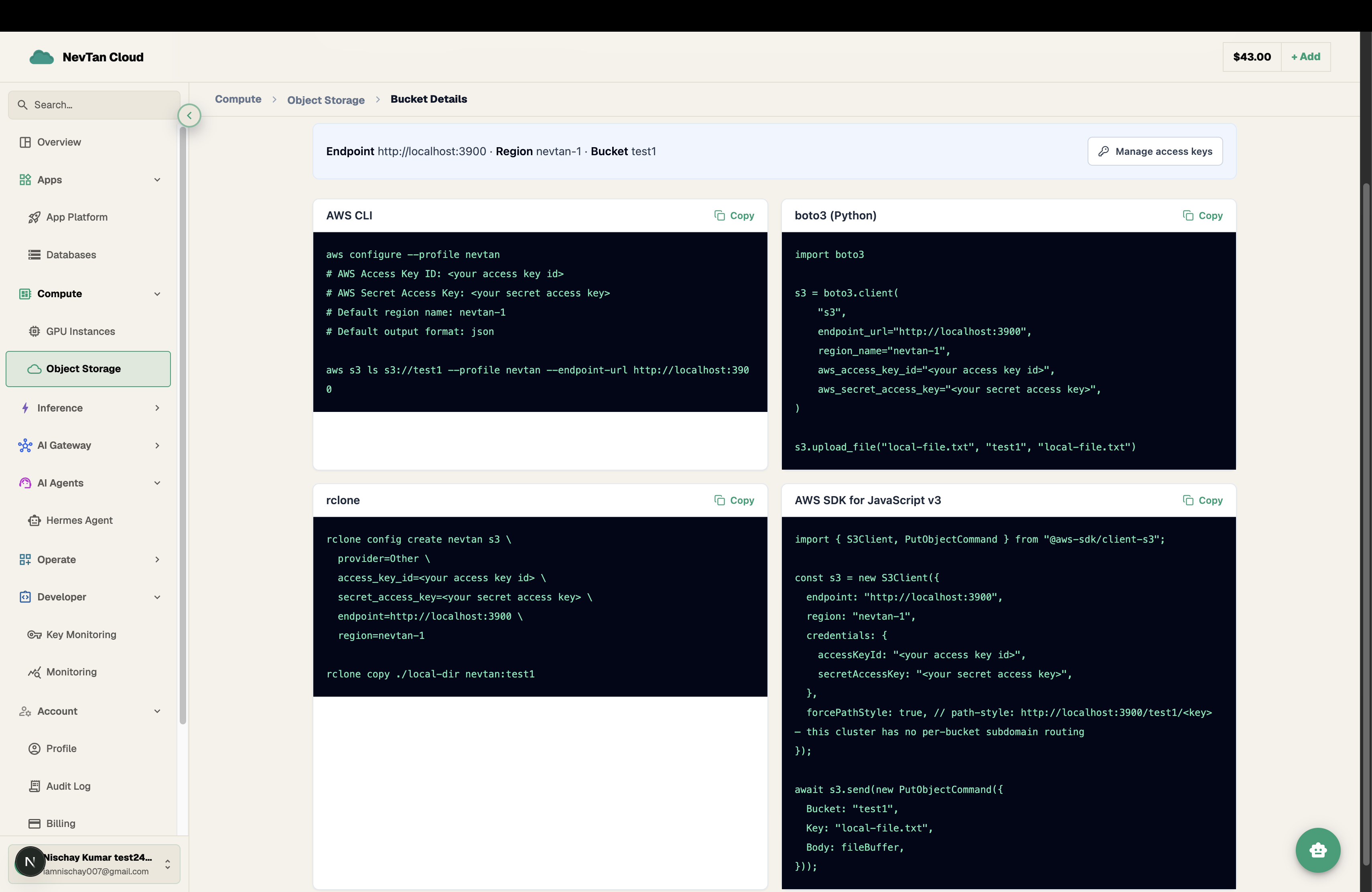 Bucket Connect tab showing ready-to-copy AWS CLI, boto3, rclone, and AWS SDK for JavaScript snippets