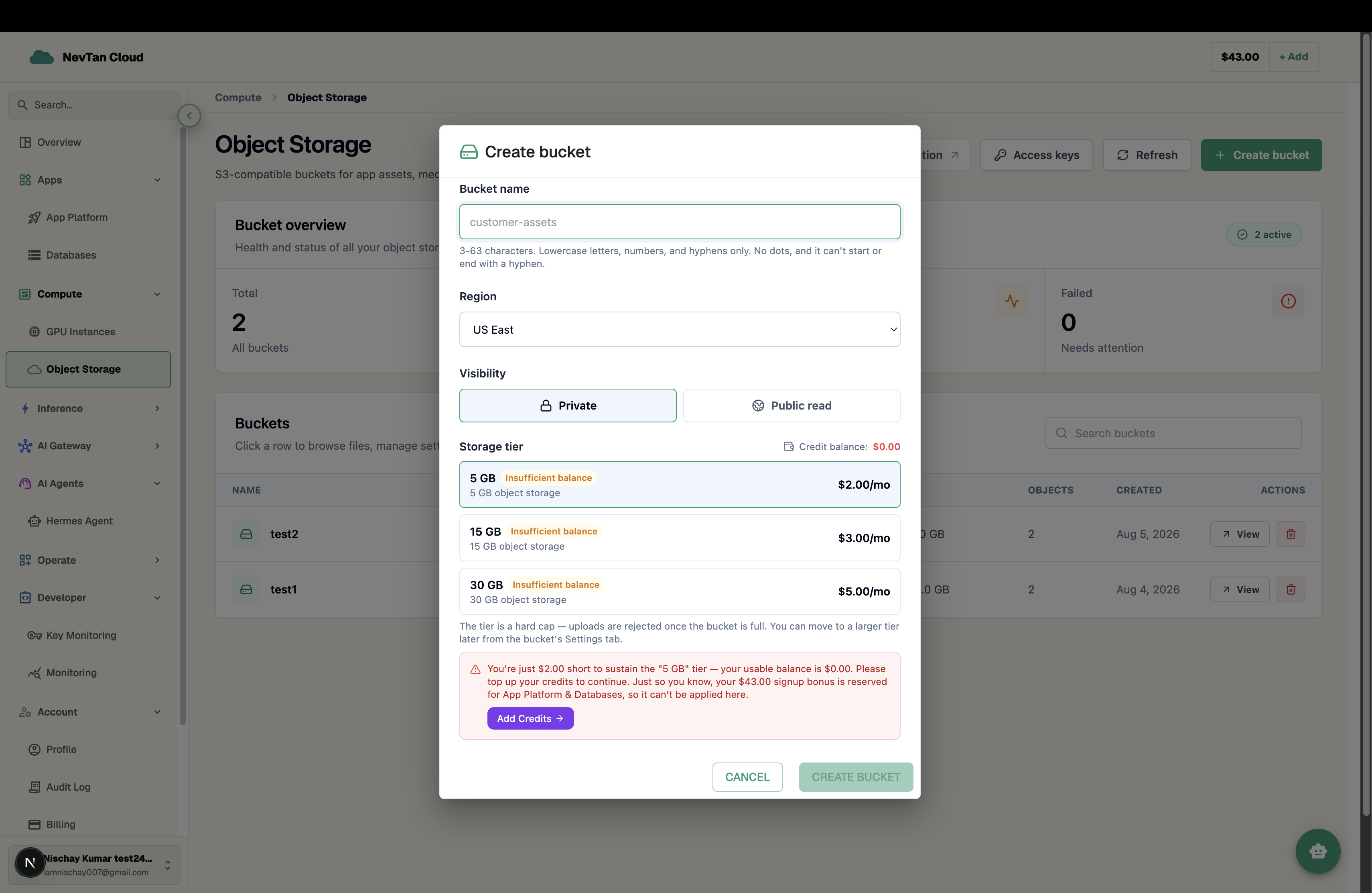 Create bucket dialog with name, region, visibility, and a storage tier picker showing credit balance