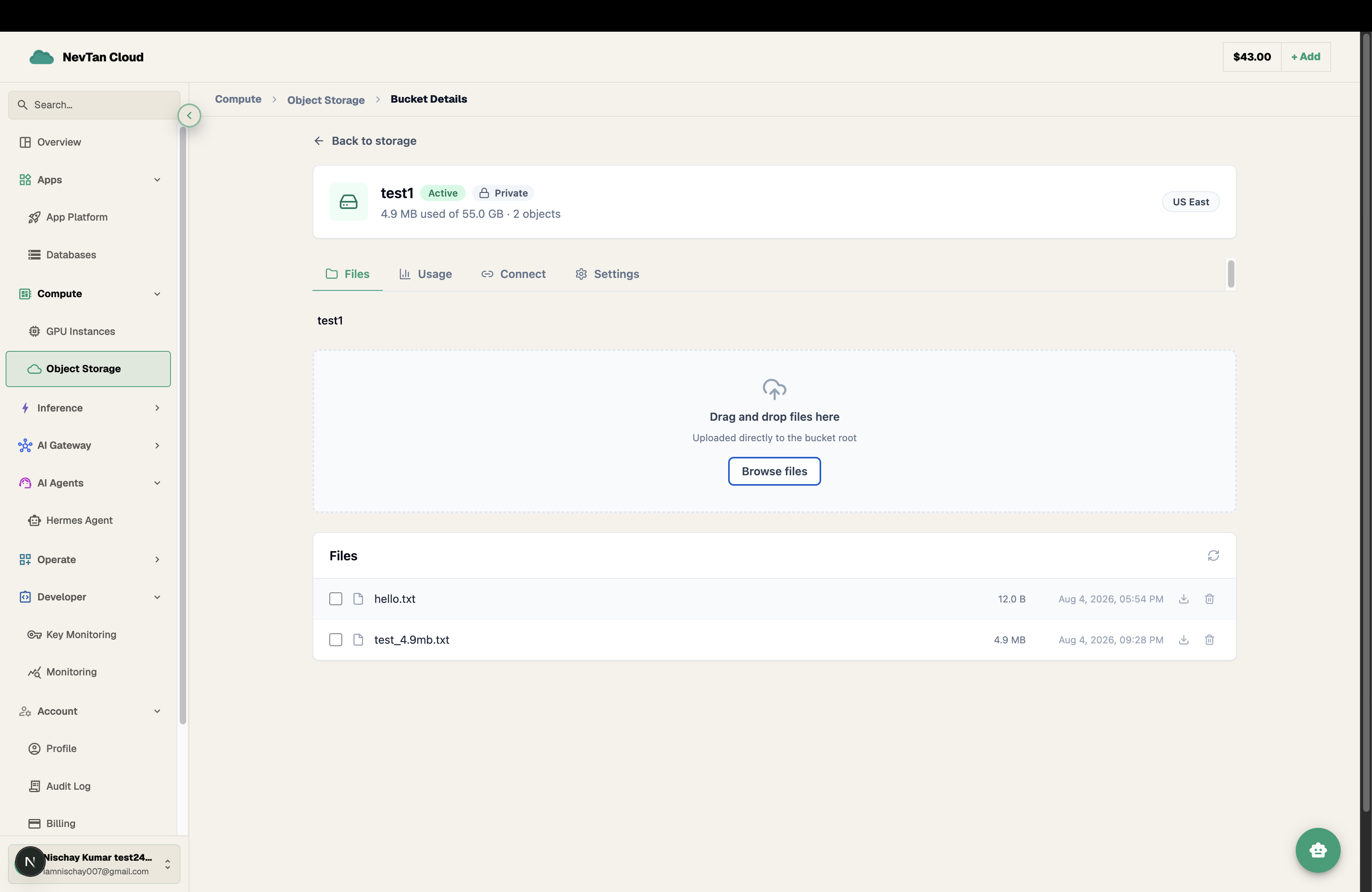 Bucket Files tab with a drag-and-drop upload zone and a list of existing files with size and date