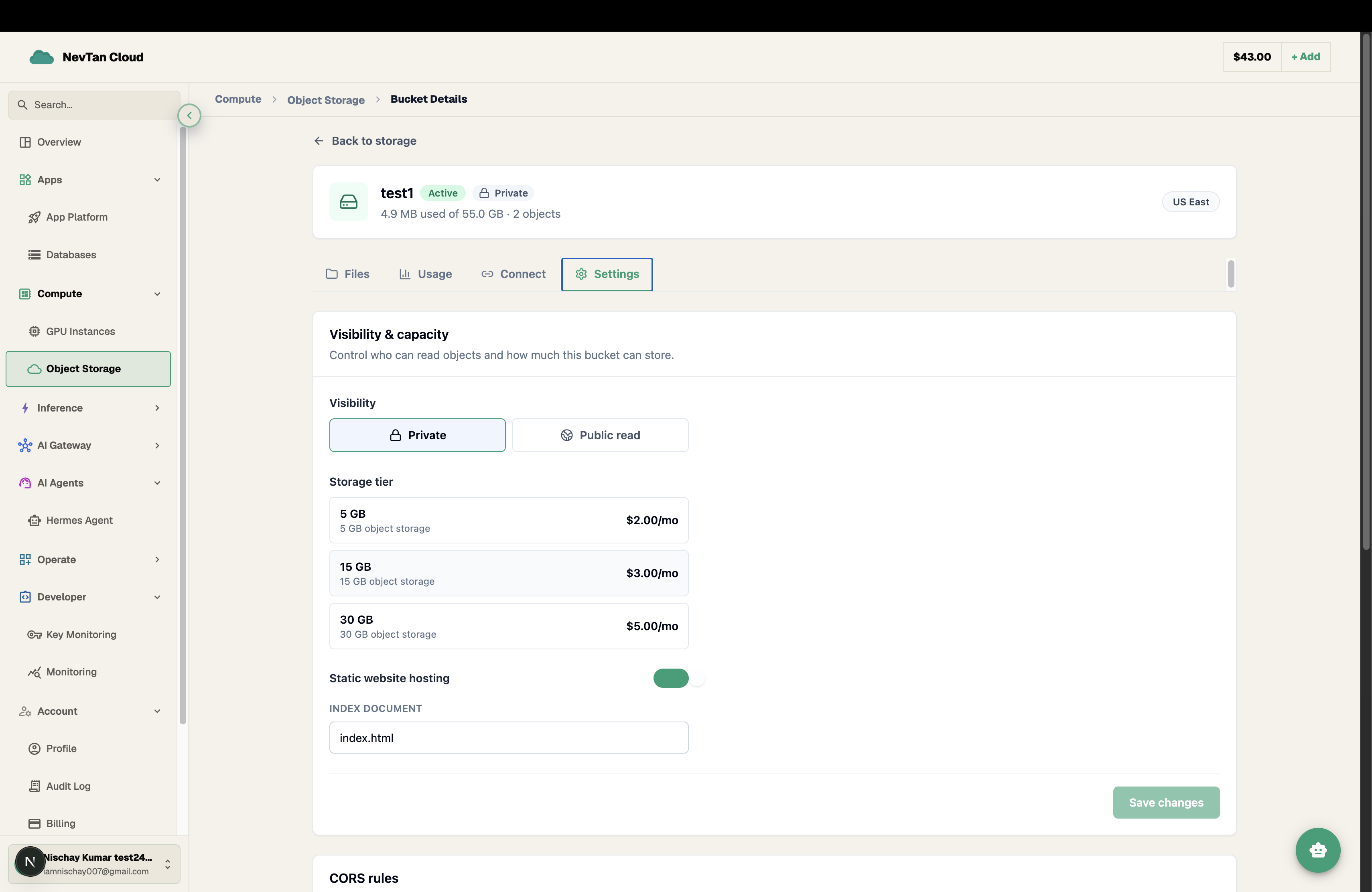 Bucket Settings tab showing Visibility and Storage tier cards, plus a Static website hosting toggle