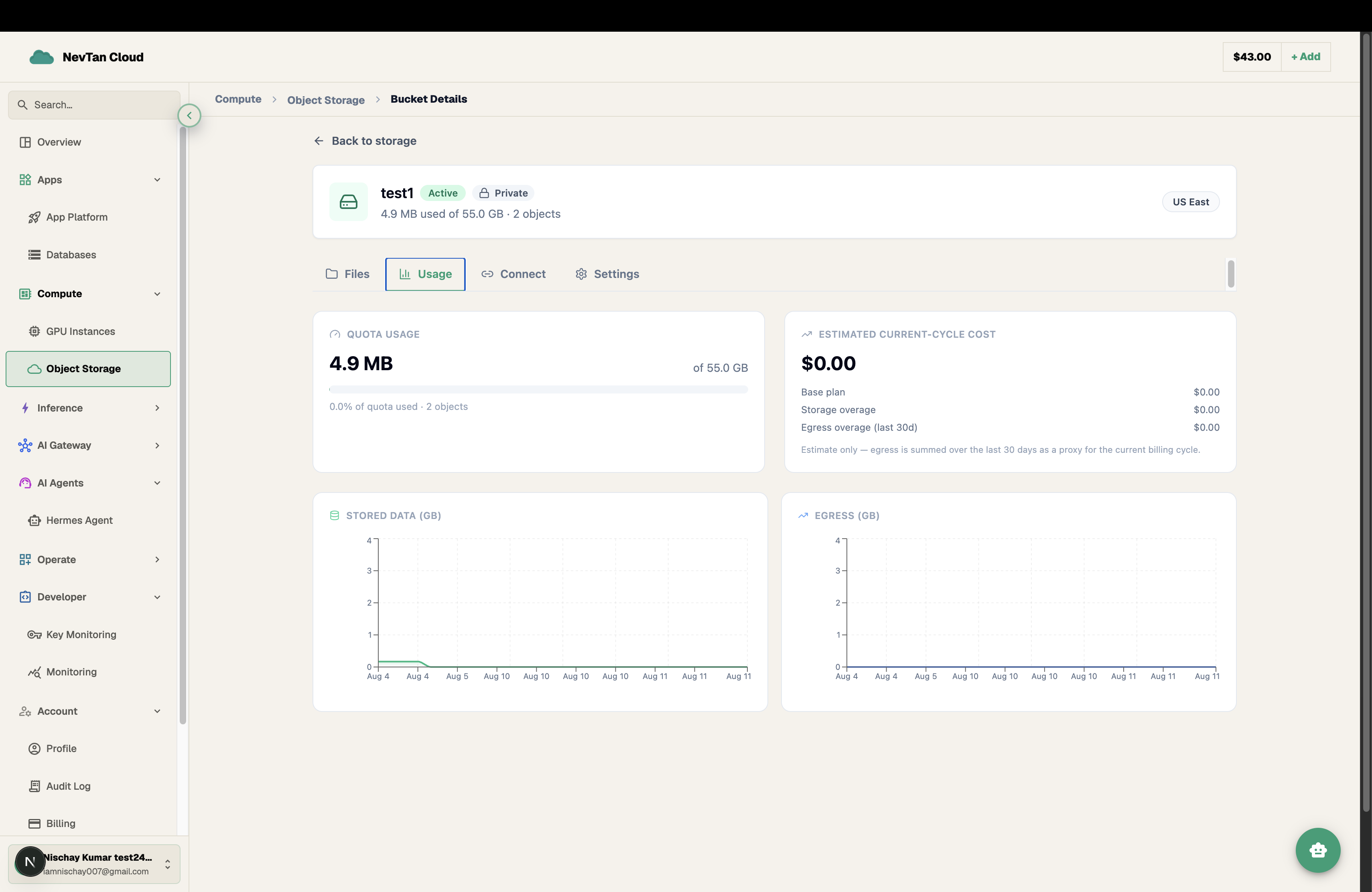 Bucket Usage tab showing quota usage, an estimated current-cycle cost breakdown, and stored-data/egress charts