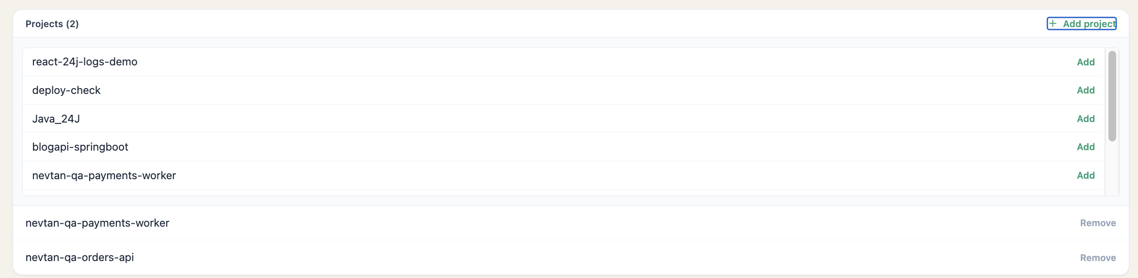 Projects card on a group page with the Add project list open, showing projects that are not yet members