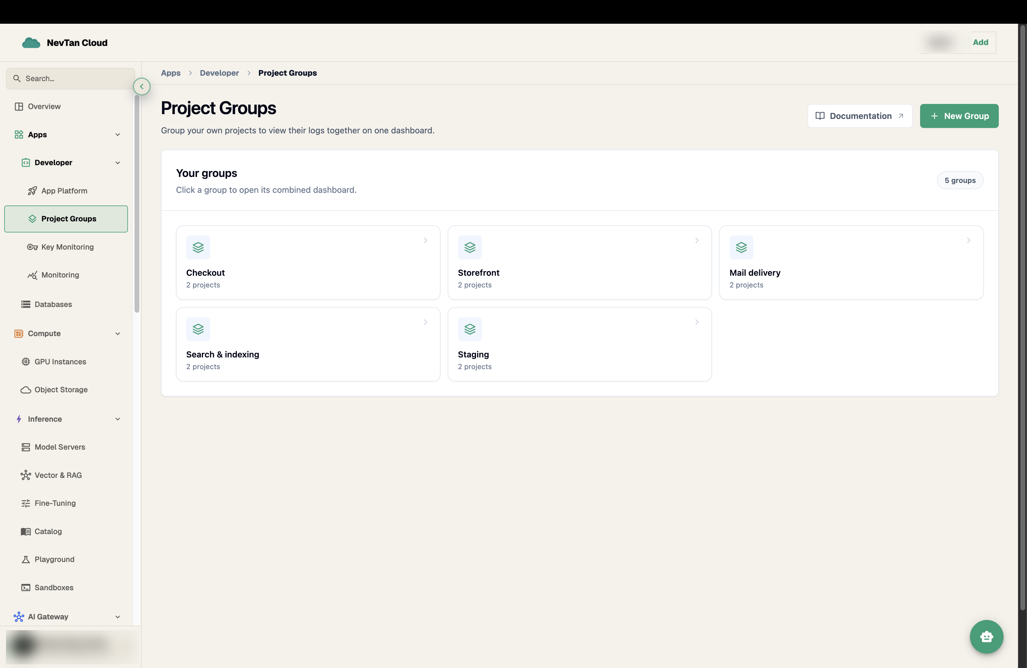 Project Groups page listing group cards, each with a name and project count