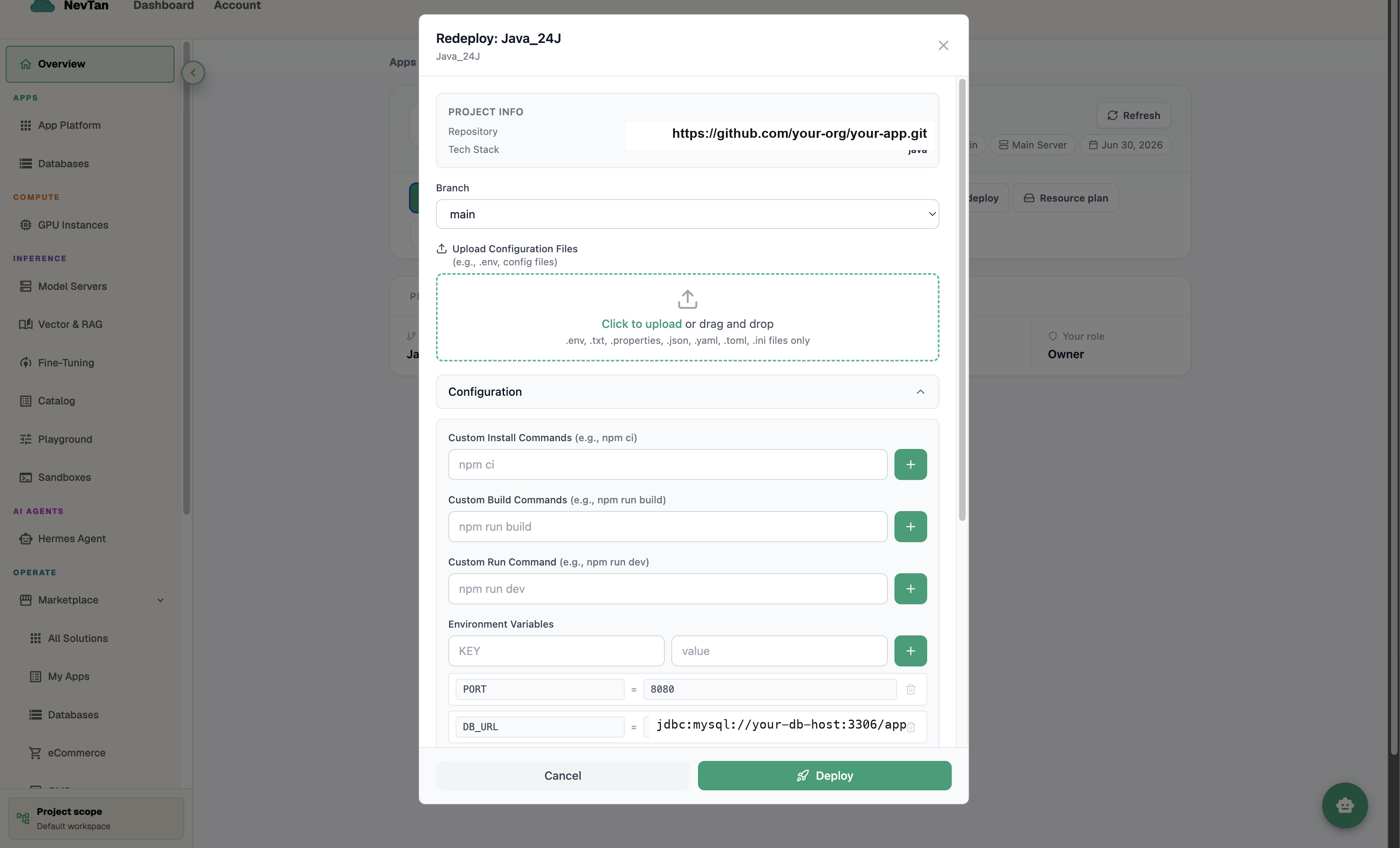 Redeploy screen with custom install/build/run commands and environment variables