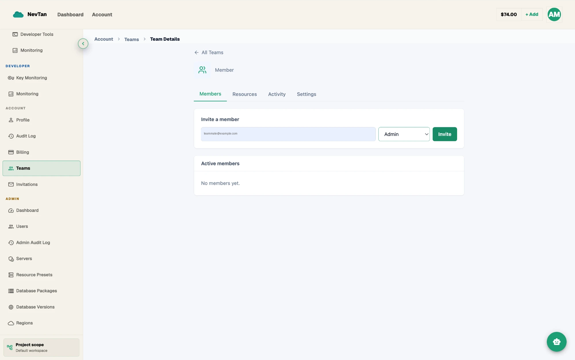 Invite a member form with an email field and role dropdown, next to the active members list