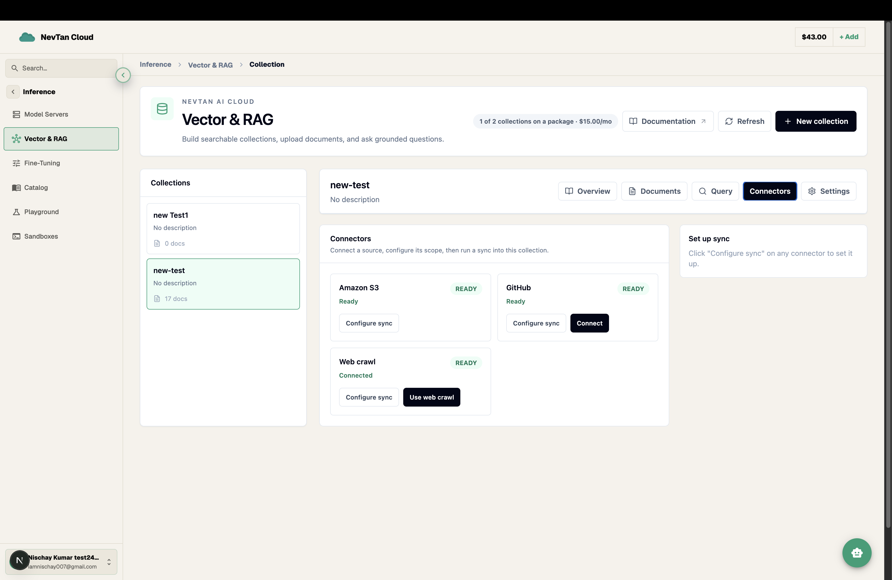 Connectors tab showing Amazon S3, GitHub, and Web crawl connector cards with Configure sync buttons