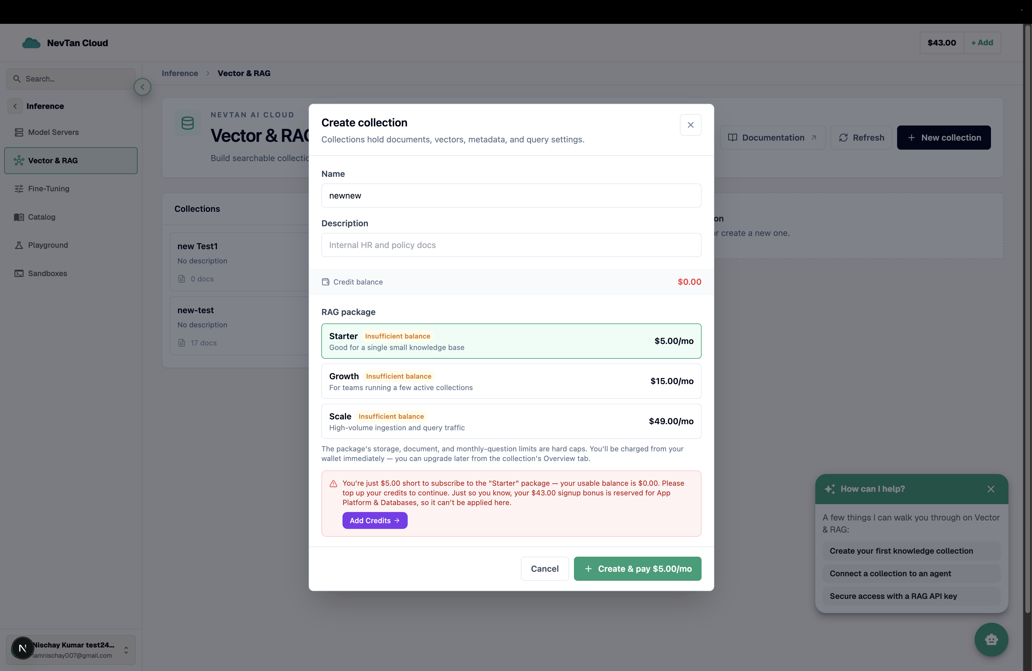 Create Collection modal with name, description, credit balance, and a RAG package picker