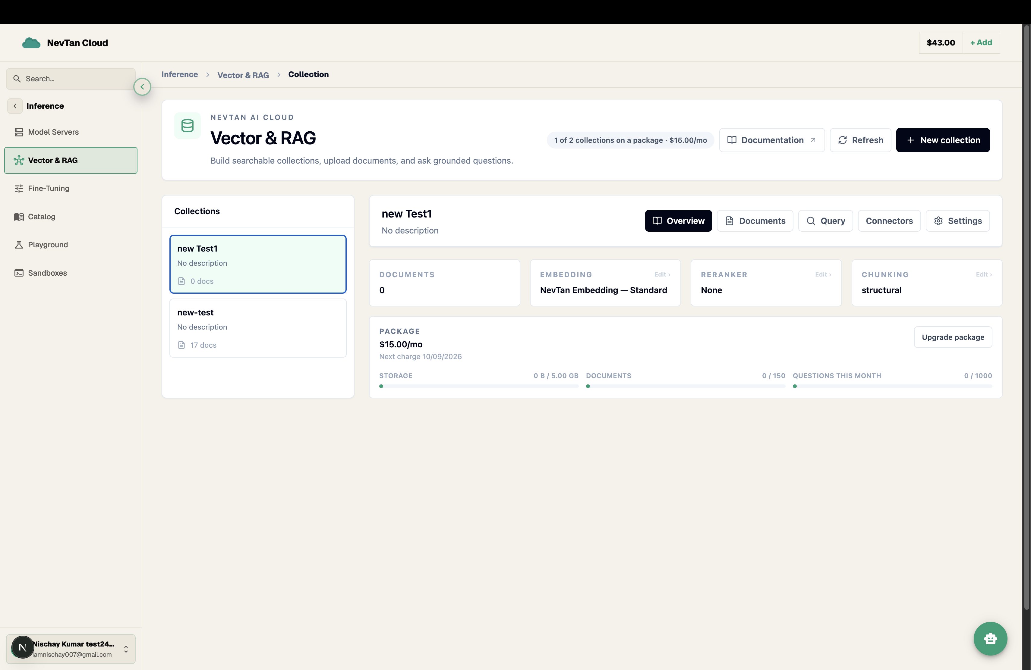 Collection Overview tab showing the Package card with price, next charge date, and storage/document/question usage bars